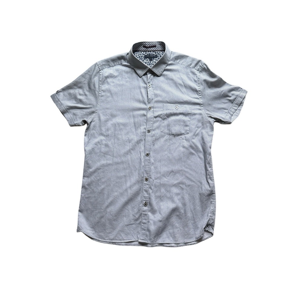 Ted Baker London Button Down Shirt Mens 3 (Medium) Geometric‎ Short Sleeve Gray